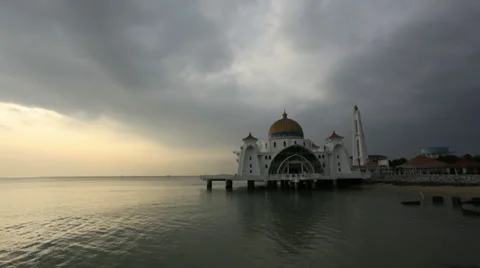 Sunset and Moving Clouds over Malacca Mosque Time Lapse HD Video Stock Footage 34375648
