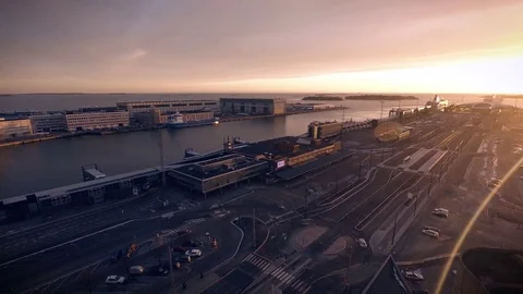 Sunset and night lights over harbor by the sea. cruise ship 4k. Cinematic color Stock Footage 84427324