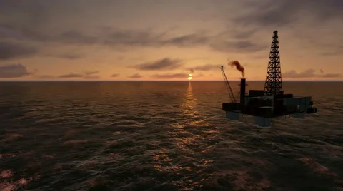 Sunset and Oil Rig in the Ocean Stock Footage 48639235