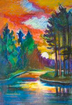 Sunset and pines Stock Illustration