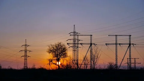 Sunset and power lines Stock Footage 73742949