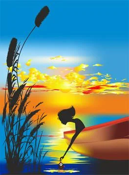 Sunset and reeds, Stock Illustration