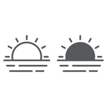 Sunset and sea waves line and glyph icon, summer and ocean, sunset sign vector Stock Illustration