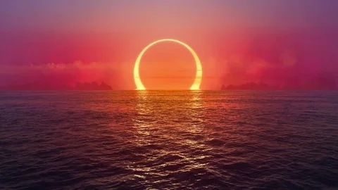 Sunset and solar eclipse over seamlessly looped ocean.  Stock Footage 82068756