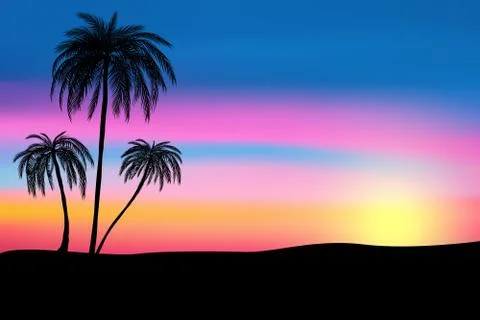 Sunset and tropical palm trees with colorful landscape background, vector Stock Illustration