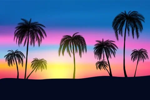 Sunset and tropical palm trees with colorful landscape background, vector Illustrazione stock