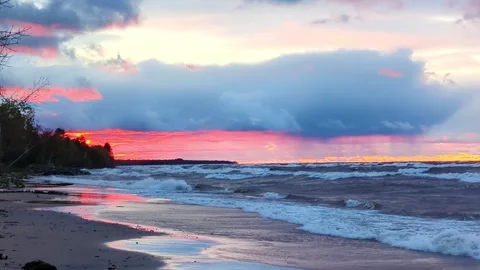 Sunset and Waves Lake Superior Video stock 306797556