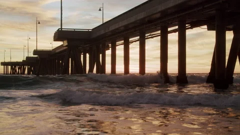 Sunset And Waves At Venice Beach Pier 4K 48FPS SLO-MO Stock Footage 223444199