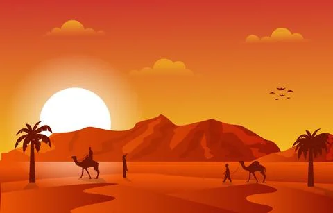 Sunset Arabic Desert Camel Caravan Muslim Islamic Culture Illustration Stock Illustration