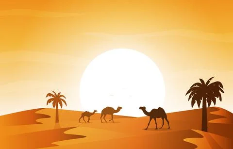 Sunset Arabic Desert Camel Caravan Muslim Islamic Culture Illustration Stock Illustration