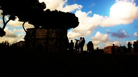Sunset on the Arch of Constantine, triumphal arch near the Colosseum in the Stock Footage 97873706