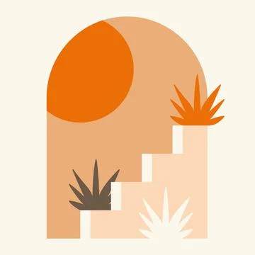 Sunset in arch with plants, architecture poster illustration. Stock Illustration