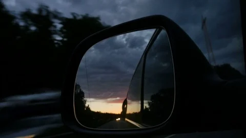 Sunset  In Auto Rearview Mirror While Driving Stock Footage 78896939