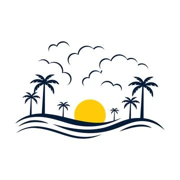 Sunset background with coconut trees and sea Illustrazione stock