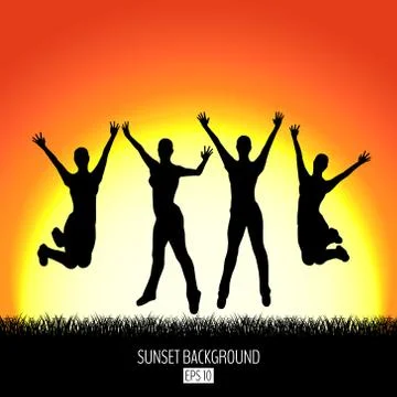 Sunset background with four happy jumping women black silhouette. Burning sun Stock Illustration