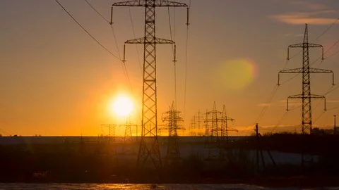 Sunset on a background of a high-voltage line Stock Footage 72615135