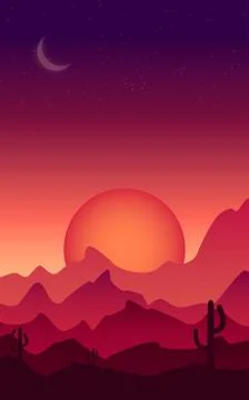 Sunset on a background of a mountain landscape with desert and cactus Stock Illustration