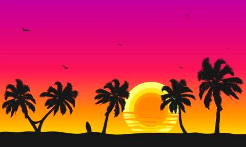 Sunset background with palm trees surfboard Stock Illustration