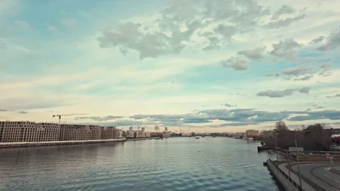 Sunset on the background of the river and buildings of St. Peter Video stock 305455613