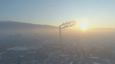 Sunset with bad air pollution in Sofia, Bulgaria from drone  Stock Footage 144209408