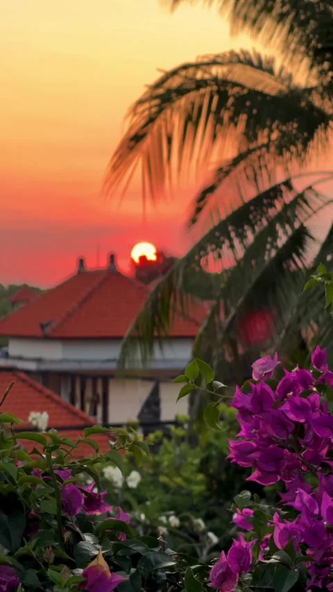 Sunset on Bali with warm light setting behind a brick house Stock Footage 326972972