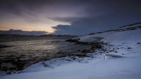 Sunset on the Barents Sea. Teriberka, Murmansk region, Russia. Stock Footage