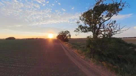 Sunset bathes fields in warm golden glow Stockbeeldmateriaal 342590930