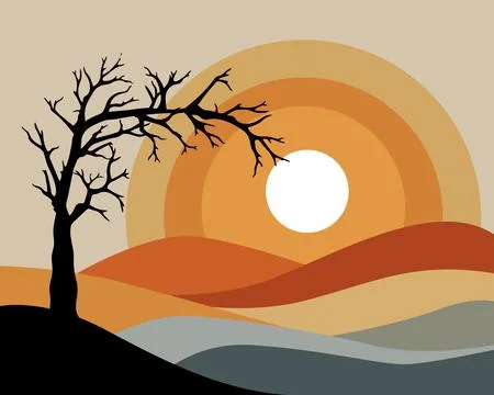 Sunset bathes hills in warm, layered tones 库存插图
