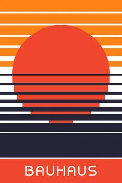 Sunset Bauhaus Poster with Horizontal Lines and Bold Red Circle 스톡 일러스트
