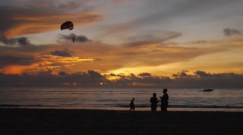 Sunset on the beach and people taking a parachute in the sky Stock Footage 43211766