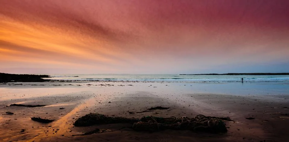 Sunset on the beach at Balivanich, Benbecula, Outer Hebrides, Scotland Stock Photos