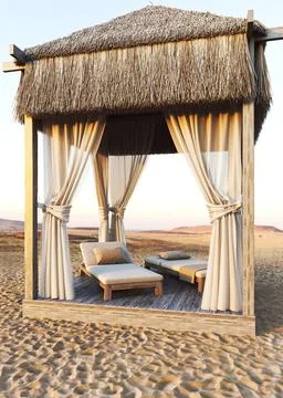 Sunset at the beach with beach bed and nature view. Large african bungalow with Illustration