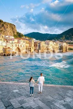 Sunset at the beach of Cefalu Sicily, old town of Cefalu Sicilia ...