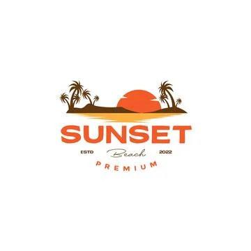 Sunset beach with coconut tree vintage logo design 스톡 일러스트