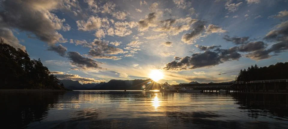 Sunset on the beach of Lake Nahuel Huapi in Patagonia Argentina. Stock Photos