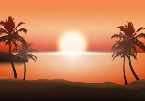 Sunset beach landscape background. Vector illustration. Illustrazione stock