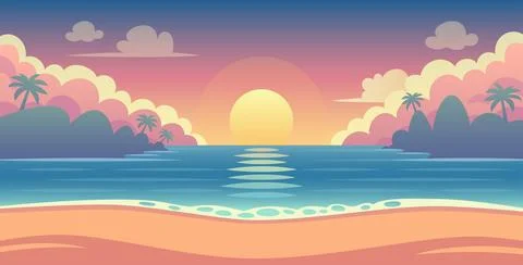 Sunset Beach Landscape Flat Style Illustration 스톡 일러스트