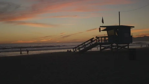 Sunset On The Beach Lifeguard Booth Stock Footage 121288755