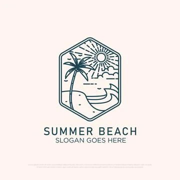 Sunset Beach logo design with line art simple vector minimalist illustratio.. Stock Illustration