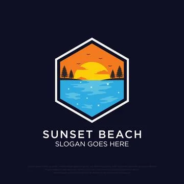 Sunset beach logo design vector illustration, hexagon summer beach logo tem.. イラスト素材
