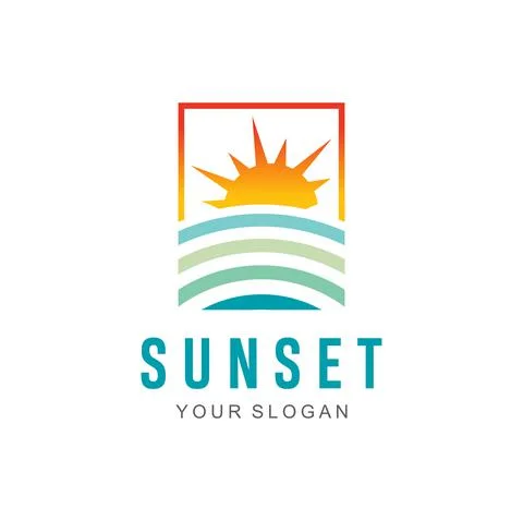 Sunset beach logo Landscape design Template Vector illustration. summer Wave sun Stock Illustration