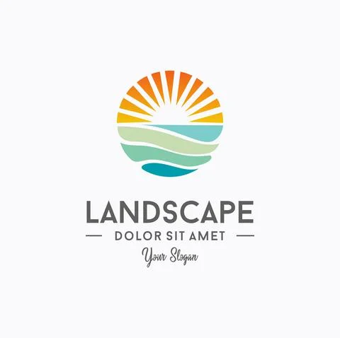 Sunset beach logo Landscape design Template Vector illustration. summer Wave sun Stock Illustration