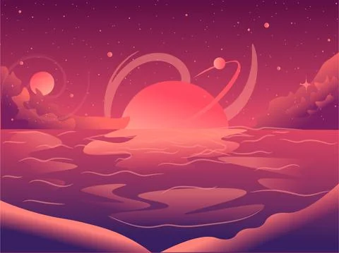 Sunset beach nature landscape flat illustration of sun, moon and planets Stock Illustration