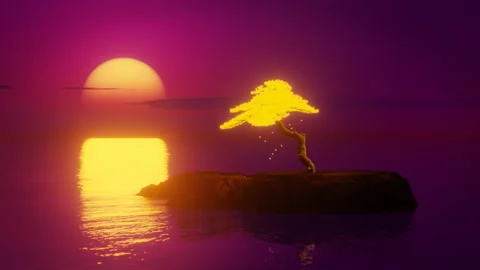 Sunset on the beach, Neon tree on a synthwave background, seamless loop. 動画素材 229298111