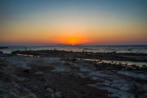 Sunset on the Beach with Ocean View at Cap Zebib, Bizerte, Tunisia Foto stock