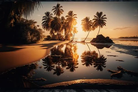 Sunset Beach With Palm Tree and Small Water Stock Illustration
