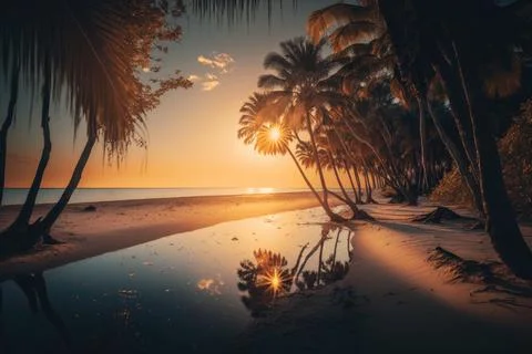 Sunset Beach With Palm Tree and Small Water Stock Illustration