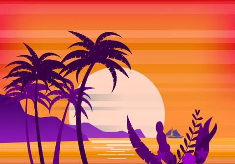 Sunset beach palm trees silhouettes, summertime, tropical sea, ocean. Panorama Stock-Illustration