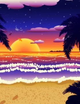 Sunset on beach with palms Stock Illustration