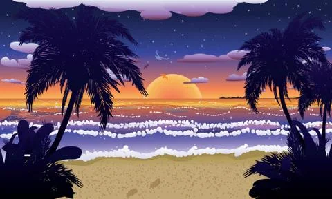 Sunset on beach with palms Stock Illustration